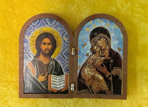 Christ the Teacher & Our Lady of Vladimir Natural Wood Standing Diptych Icon