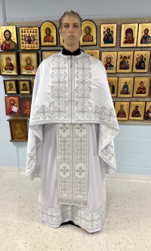 White with Silver Metallic Embroidery Set of Priestly Vestments