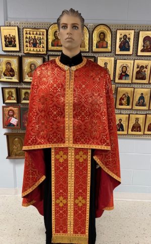 Red/Gold Lurex Metallic Priestly Vestment Set