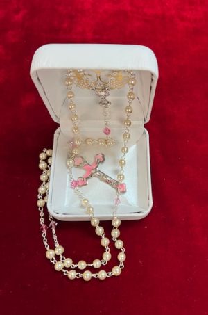 Pearl Imitation/Pink Tincut Rosary in a Gift Box